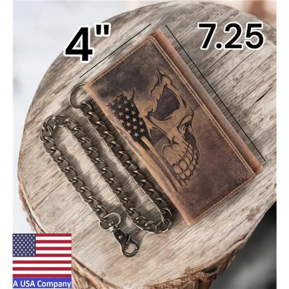 CLASSIC RFID Blocking Mens Tri-fold Long Style Cowhide Leather Steel Chain